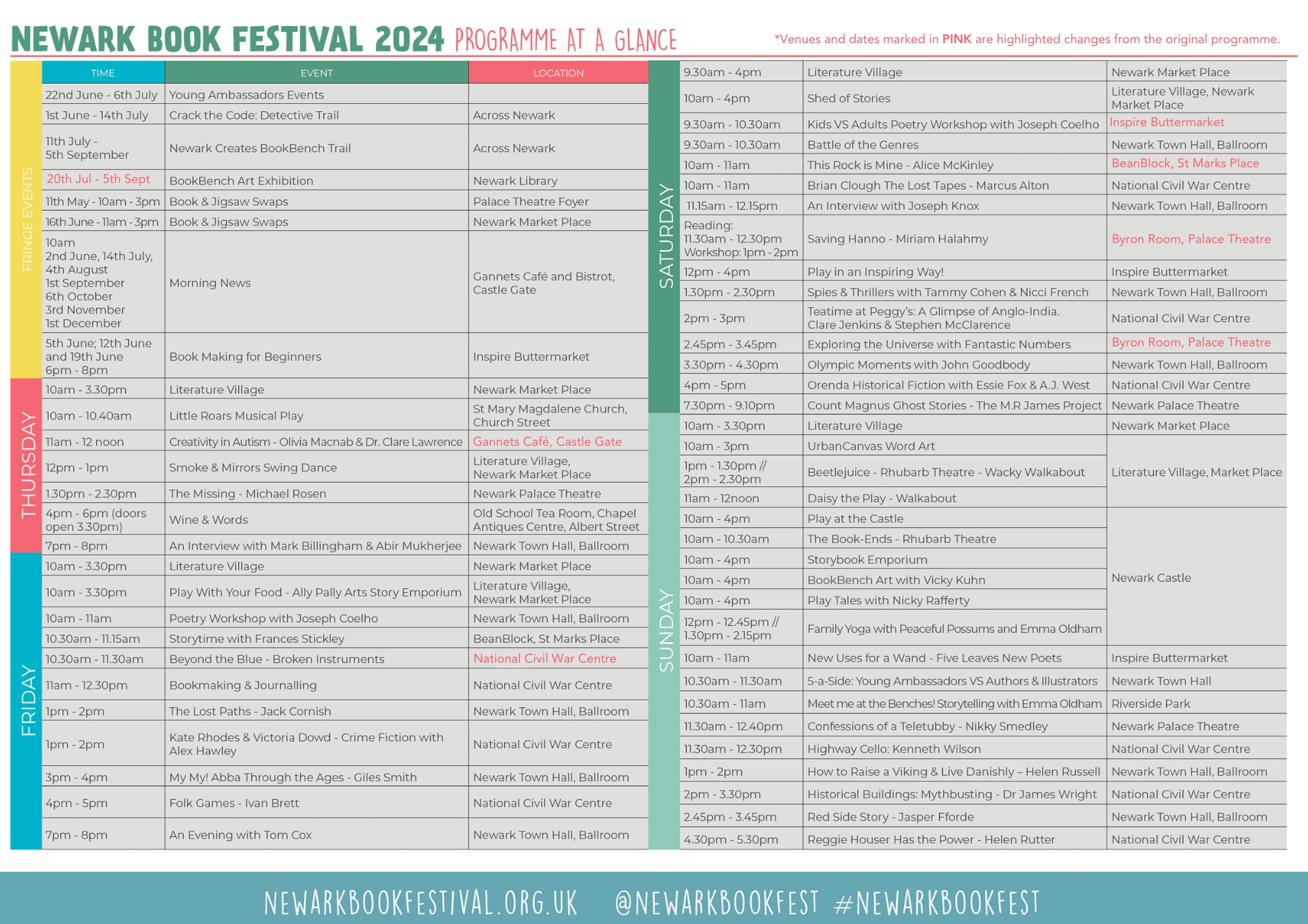 An updated version of the 2024 Newark Book Festival at a glance programme.